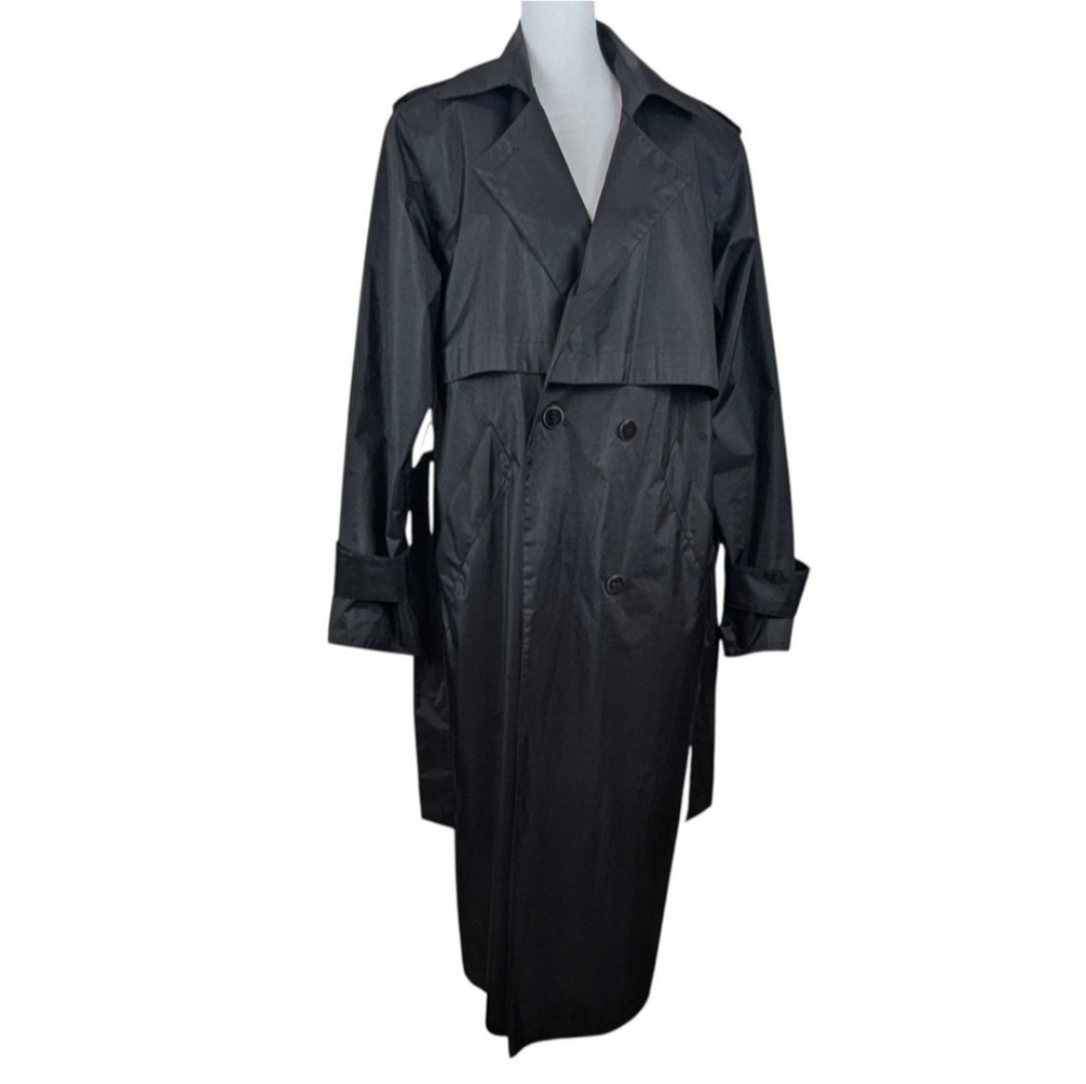 Vintage British Mist Black Double Belted Trench Rain Coat Sz 14 - Picture 3 of 10